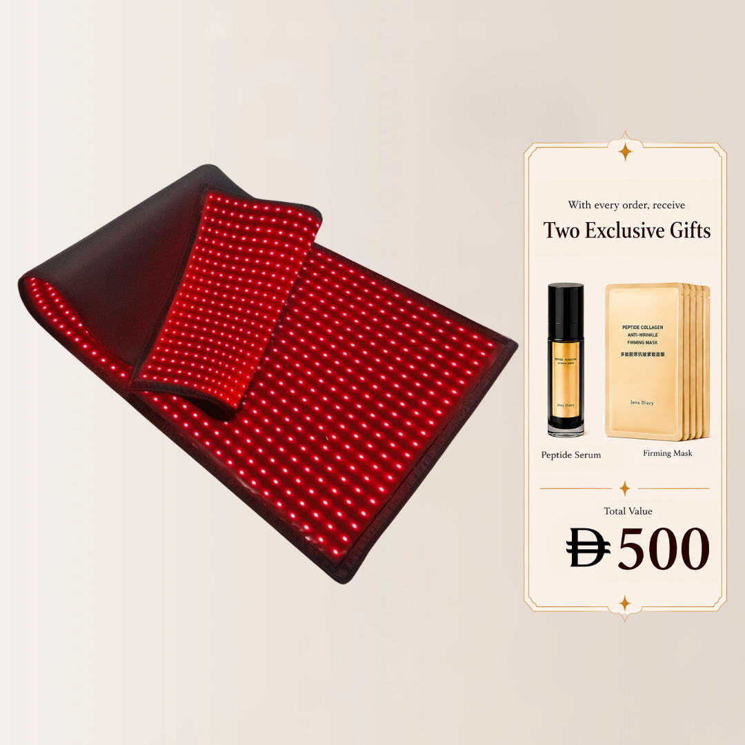A red LED light therapy mat with a matching headband, shown on a light beige background next to a promotional card offering two exclusive gifts for a total value of 500 DKK.