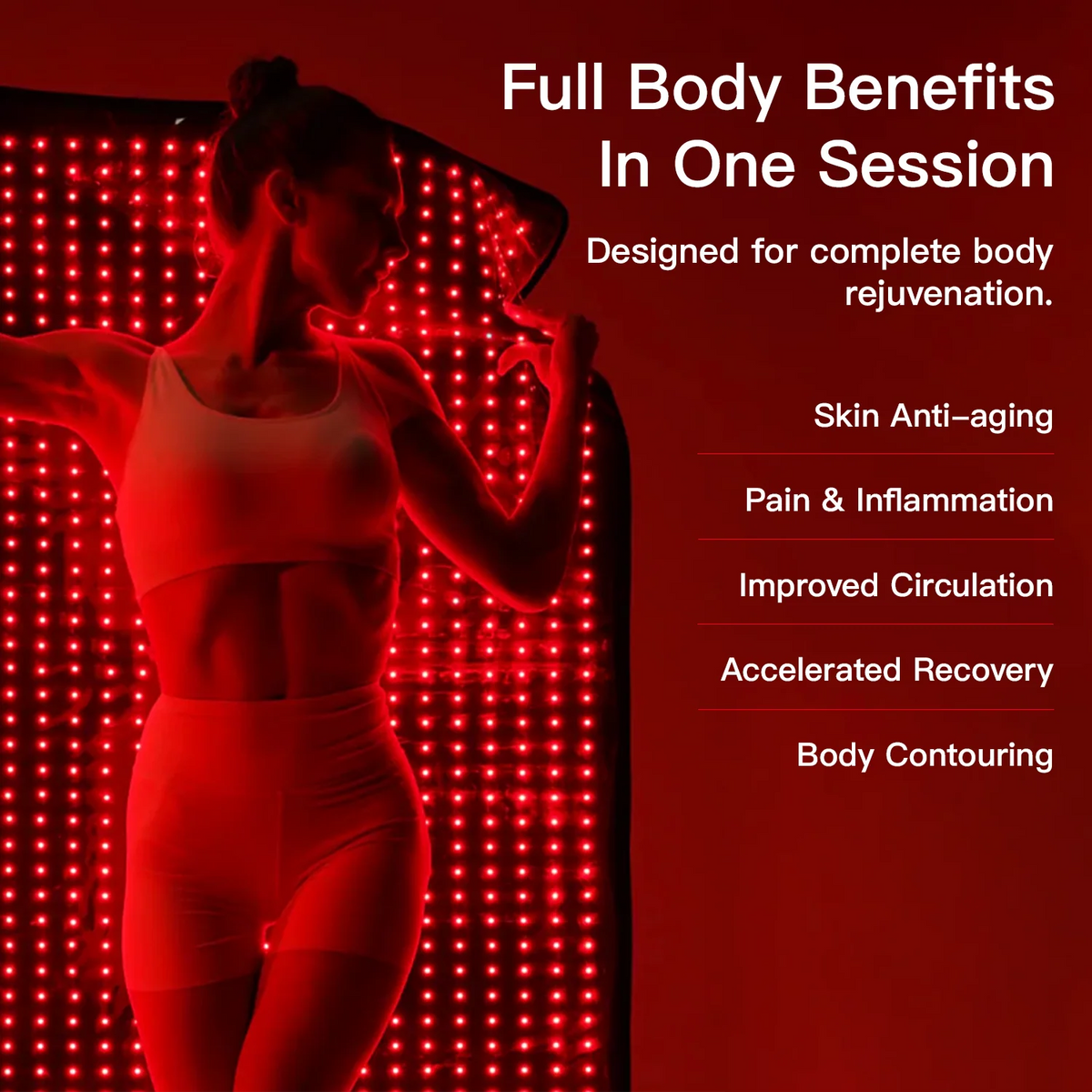 Person in a red light therapy session with text about full body benefits.