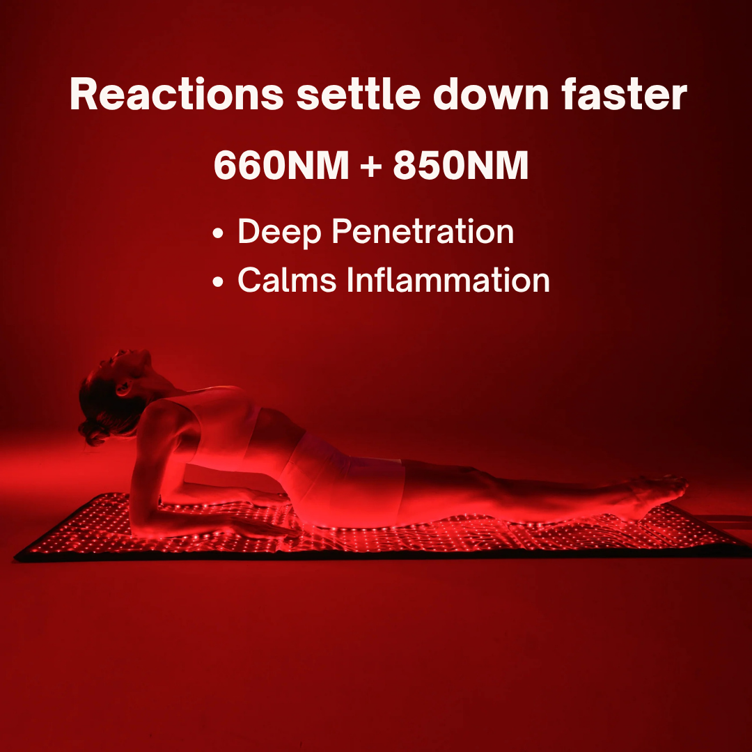 A person lying on a red LED light therapy mat under red light, with promotional text reading 'Reactions settle down faster' and '660NM + 850NM' on a dark red background.